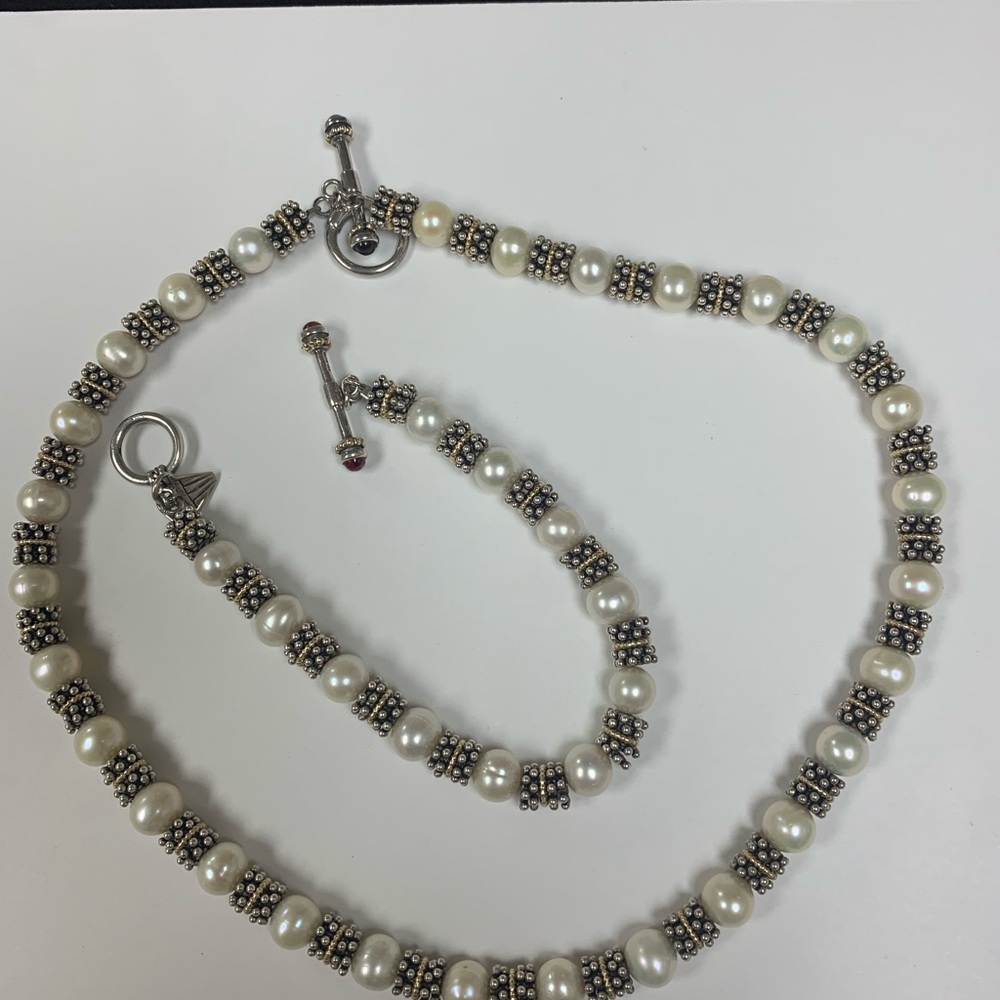 Sterling Silver/Freshwater Pearls/14K gold Necklace & Bracelet set